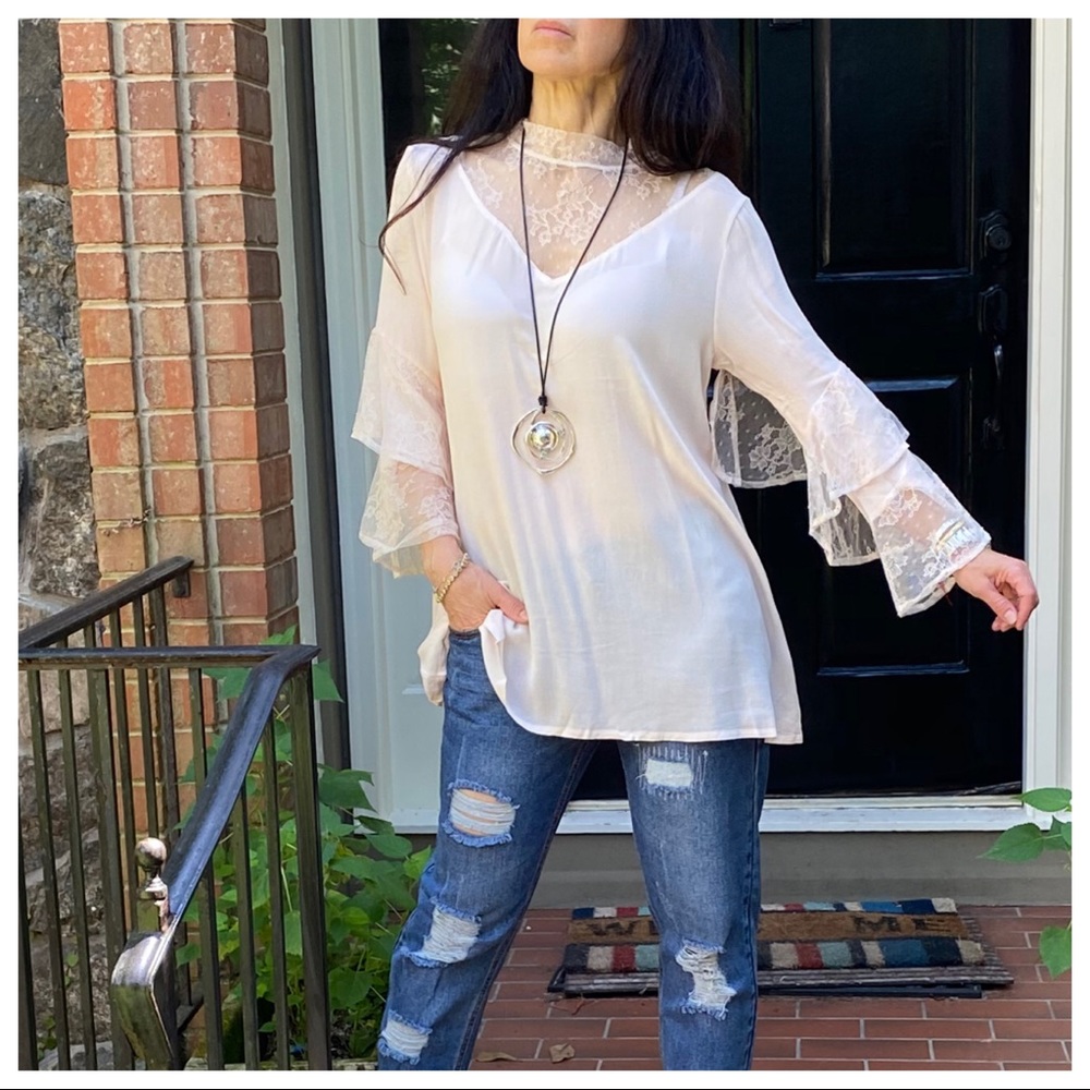 BOHO GYPSY CHIC LACE DETAIL BELL TOP - Picture 2 of 13